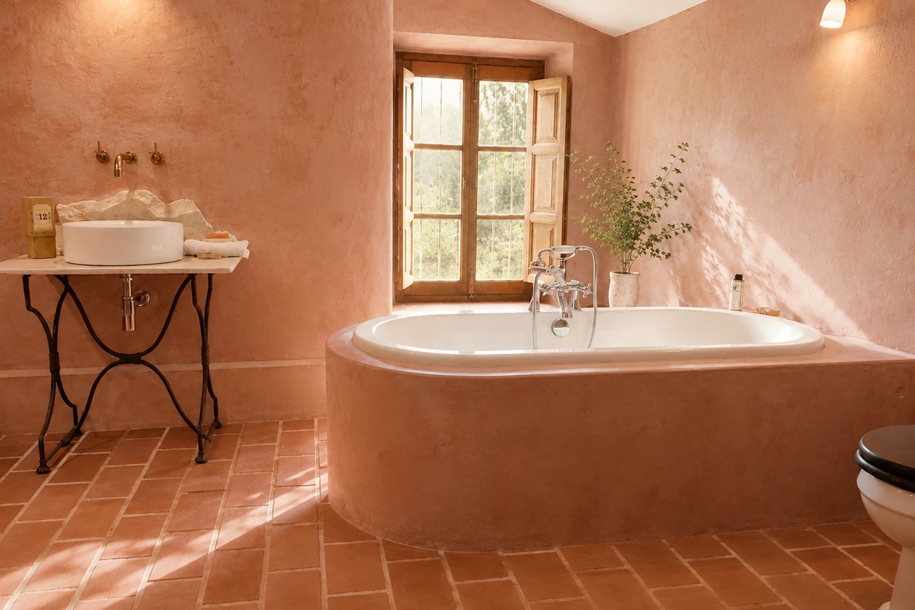 Baño tradicional con bañera de obra y acabado de tadelakt en una vivienda rehabilitada de la Sierra de Aracena.