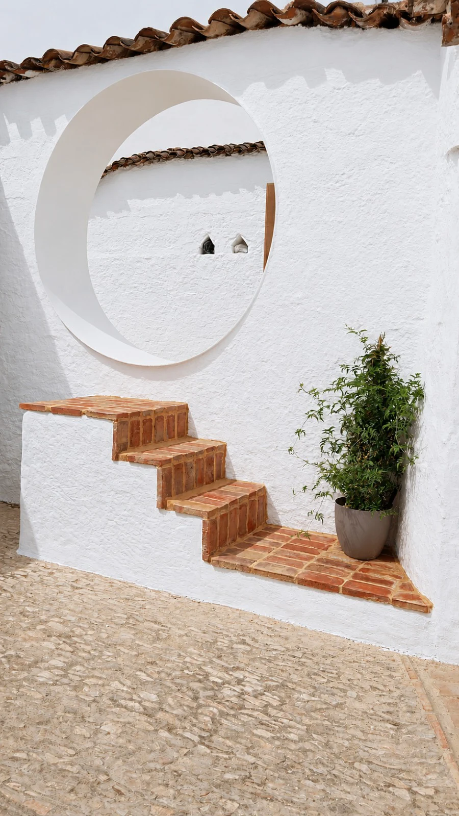 Escalera de ladrillo y arco blanco en el Proyecto Alondra, rehabilitación de vivienda tradicional en la Sierra de Aracena.